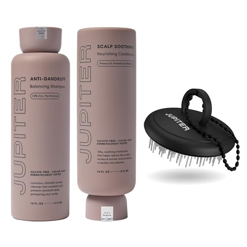 Jupiter Anti Dandruff Shampoo, Conditioner, & Scalp Scrubber for Flaky, Itchy & Dry Scalp – Hydrates & Reduces Flakes – Scalp Treatment & Hair Care Set – Color-Safe, Sulfate-Free, Paraben-Free