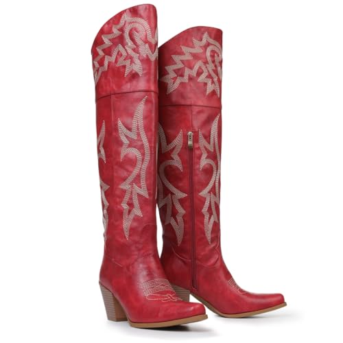 Eteridrey Thigh High Cowboy Boots for Women Pointed Toe Chunky Heels Wide Calf Cowgirl Booties Classic Embroidered Western shoes for Summer