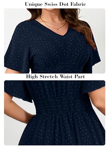 Image of RWJ Women's Plus Size Maxi Dress V Neck Short Sleeve Swiss Dot A Line High Waist Boho Swing Casual Summer Dresses