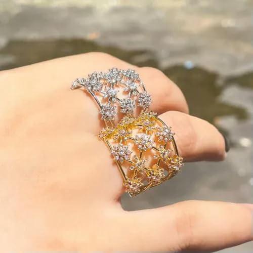 Yellow Gold Plated CZ Flower Hollow Out Wide Bridal Engagement Ring for Brides4