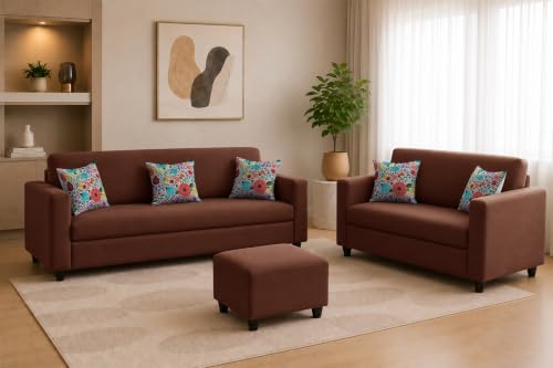 Image of Rosebell 3+2 Fabric Sofa Set with Ottoman | Premium Upholstery 5-Seater Sofa | with Printed Cushions | Living Room Furniture |Brown-Color