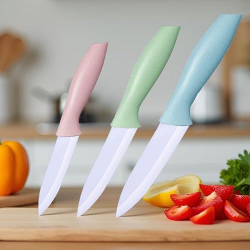 Zhiyun 3 Pieces Ceramic Knife Set 3-Inch 4-Inch 5-Inch Colorful Knife Set with Sheaths Covers and Ergonomic Handle Use for Meat Fruit Vegetable Bread and Butter (Pink Green Blue)
