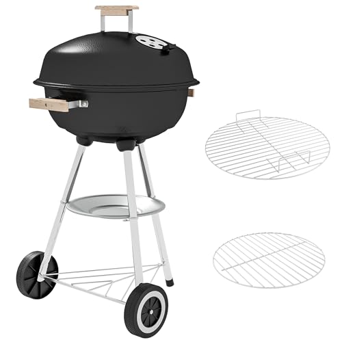Outsunny Barbecue à charbon rond avec couvercle, roues et contrôle température, BBQ portable barbecue grill pour jardin camping balcon, 48 x 56 x 94 cm, noir
