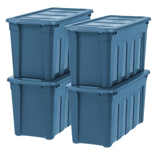 Image of IRIS USA 31 Gallon Eco-Friendly Heavy Duty Storage Totes with Easy-Grip Handles, 4 Pack - Large Bins with Lids Garage Organizing Tubs, Durable Stackable Utility Containers, Made in USA - Navy