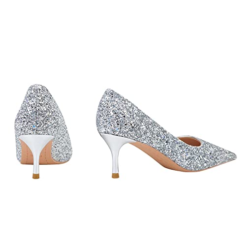 JOEupin Women's Fashion Glitter Sequins Pointed Toe Low Heel Pumps Wedding Dress Office Shoes4