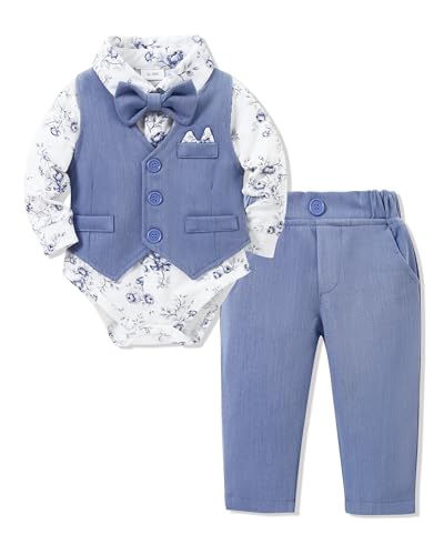 Image of YALLET Baby Boy Clothes Suit 0-24 Months Infant Gentleman Outfits Formal Dress Shirt+Bowtie+Vest+Pants Set Baby Wedding Suits