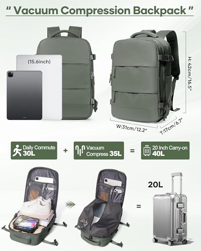 Travel Vacuum Backpack, Seal Compression Vacpack with Travel Pump, Carry On Suitcase Luggage Flight Approved for Men Women Personal Item, Green3