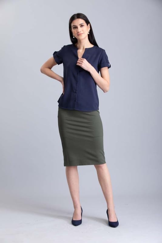 Image of FableStreet Women Formal Top | Asymmetrical Button Placket Band Collar Three-Quarter Sleeves | Pure Cotton Smooth Fabric for Office & Workwear