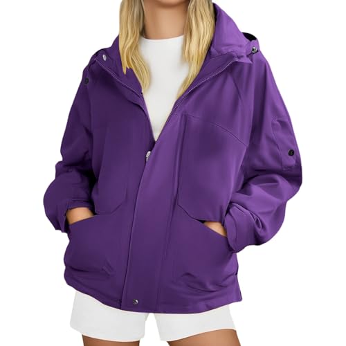 Chaquetas para mujer, gabardina para senderismo, cortavientos con capucha, ajuste holgado, abrigos ligeros para la lluvia, Morado (, L
