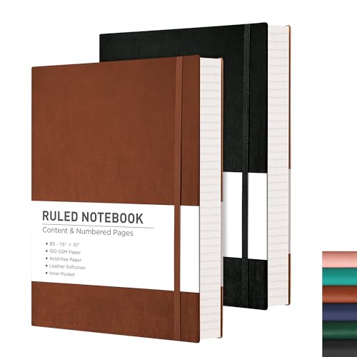RETTACY Lined Journal Notebook, 2-Pack, 204 Numbered Pages per Pack, B5 Medium 7.6" × 10", Leather Softcover, 100 GSM Thick Paper, for Writing, Work, School (Black & Brown)