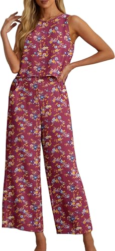 IWOLLENCE Women's Summer 2 Piece Outfits Set Round neck Sleeveless Tank Crop Top Wide Leg pants Set Pockets Jumpsuits