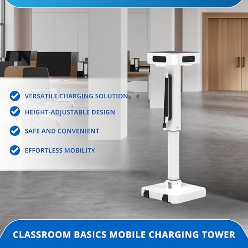 Image of Classroom Basics LuxPower Mobile Charging Tower - 8 AC Outlets & 8 USB Ports, Adjustable Height, Padded, Hidden Casters - Charge 16 Devices, Perfect for Classrooms, Offices, & Conference Rooms