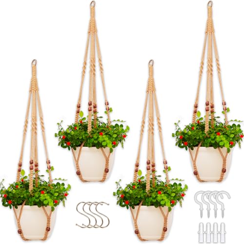 petonfun Macrame Plant Hanger Indoor Set,Hanging Planters for Indoor Plants Outdoor,Hanging Plant Holder Basket Pot with 8 Hooks,Boho Home Decor Crochet Beads Window Ceiling,No Tassels 4 Pack,Brown