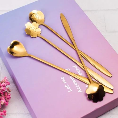 Image of Premium Gold Plated Stainless Steel Spoon Set with Floral Design Long Handle Coffee Tea Dessert Spoon Elegant Stirring Spoon for Kitchen