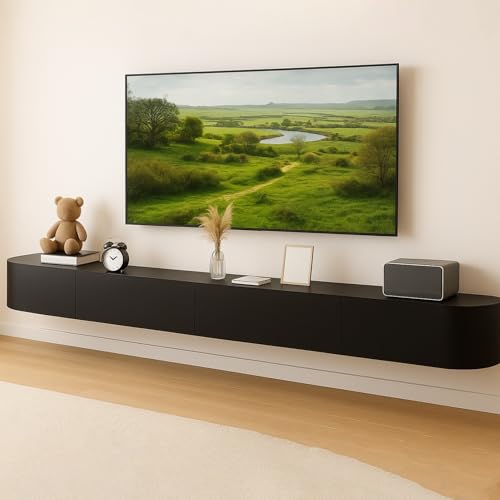 ZGCSINNK Mueble TV Flotante con Almacenamieno, Mesa De Televisión Suspendida para Pared, Consola Multimedia con Puertas Y Estantes Gran Almacenamiento, Mesa para Salón, Mueble Moderno(Negro,300cm)