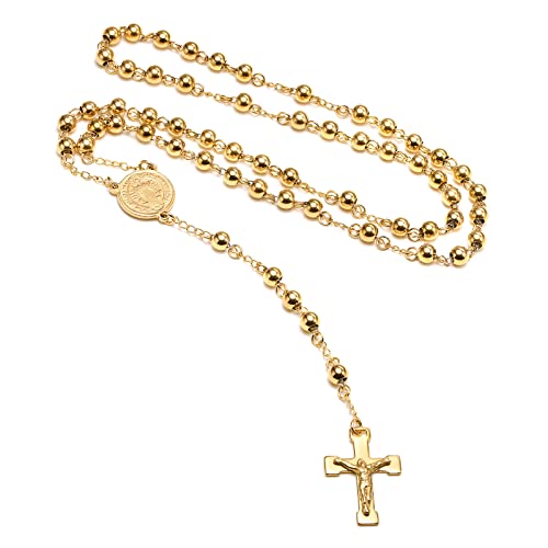 VNOX Unisex Black Stainless Steel Long Rosary Bead Chain Jesus Cross Catholic Crucifix Cross Necklace,36", Lava Stone