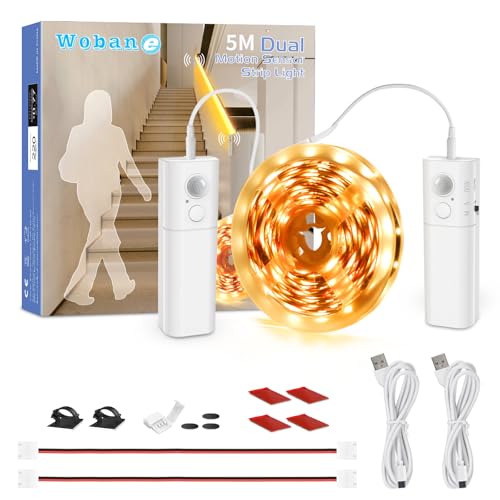 WOBANE Motion Sensor LED Strip Lights 5m, Rechargeable Wireless Stair Lighting with Dual Sensors, 2 * 2000mAh Battery Powered, Warm White 2700K, Under Bed & Cupboard Lighting