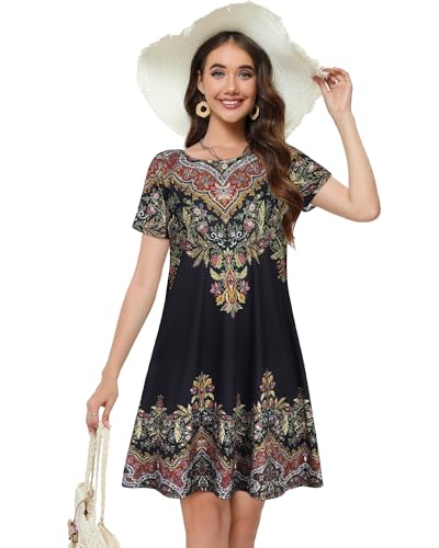 Image of Summer Dresses for Women Casual Tshirt Short Sleeve Floral Sundress Beach Cover Ups with Pockets 2026