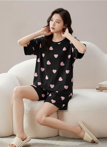 Image of SMOWKLY Women Korean Shorts Pajama Set |Summer Night Top & Shorts Dress |Cotton Blend Nightwear Set Top & Shorts Sleepwear Lounge Wear Soft Comfortable Night Suit Ladies | Co-Ord Home Wear Set