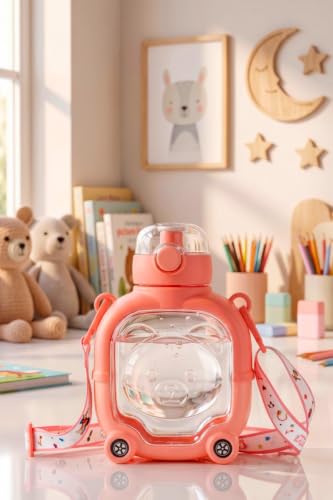 Image of Clazkit 2-in-1 Cute Bear Shaped Water Bottle with Straw & Adjustable Strap | Leakproof Kids Sipper Bottle | BPA-Free Reusable Water Bottle for School, Travel & Outdoor Use - 900ml (Orange)