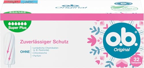 o.b. Tampons Original Super Plus 32 Stk., mit geschwungenen Rillen und 100 Prozent pflanzlich basierten Tamponkern für sehr starke Tage