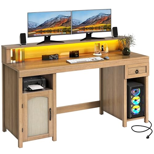 Image of DWVO L Shaped Desk with Drawers, 65 inch Corner Desk Computer Desk with Power Outlets & LED Lights, Home Office Desk with Storage Shelves & Printer Stand, Light Brown