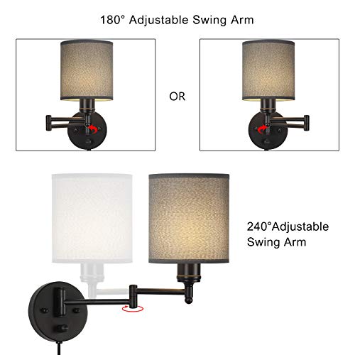 Plug in Wall Light Fixtures, Set of 2 Swing Arm Wall Lamps with Grey Linen Lampshade, Modern Bedside Wall Sconce for Bedroom Hallway Living Room Study - Thumbnail 5