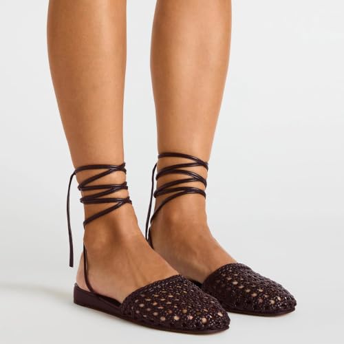 Image of Woven Ballet Flats for Women Lace Up Closed Square Toe Summer Sandals Dressy Shoes
