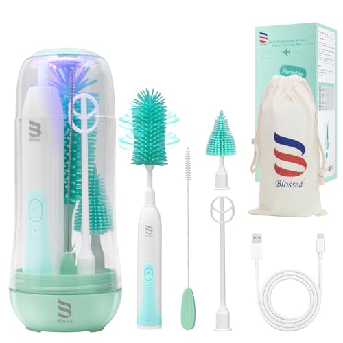 Image of BLOSSED Electric Bottle Brush Cleaner with UV Light, Rechargeable Baby Bottle Brush Set for Travel, Waterproof Baby Bottle Cleaner with 2 Brush Head, Straw Brush, Pouch, Mixing Head and Storage Box