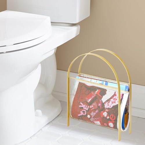 Gold Metal Magazine Rack, Floor Mesh Magazine Holder for Living Room Bathroom Office – Modern Storage Organizer for Newspapers Books & Mail, with Non-Scratch Foot Pads - Image 6