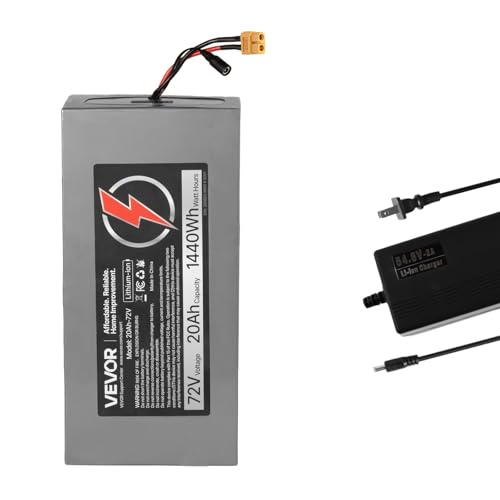 VEVOR 72V Lithium Battery 20Ah Lithium Battery Pack with 50A BMS Protection Charger T-Plug Expansion Cable 500+ Cycles IP66 Waterproof PVC Shell Fast Charging Compatible with 7200W Motors