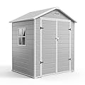 6x4 FT Outdoor Storage Shed with Floor, Plastic Resin Garden Shed with Window & Sloping Roof & Lockable Door for Patio Backyard Garden, Lawn Mower, Bike, Tool Storage