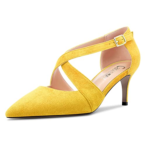 Castamere Mujer Medio Aguja Heel Puntiaguada Punta Pumps Correa Cruzada Sexy Clásico 6.5 CM Heels Amarillo Ante 44 EU