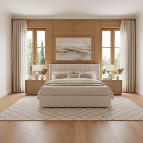 Image of APRODZ King Size Bed | Upholstered Bed Frame with Channel Tufted Headboard | Bed King Size Wooden Legs | Double Bed King Size Without Storage | Bedroom Furniture | Beige Fabric & Black Wooden Legs