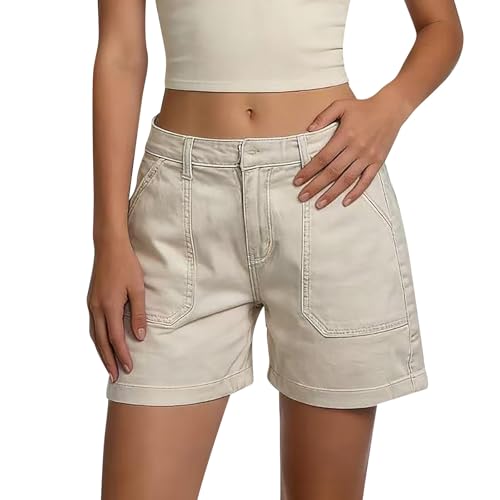 Ripped Jeans Shorts Women's Summer Trousers with Buttons Plain Denim Shorts Slim Fit Elastic Short Trousers High Waist Casual Jeans Fashionable Rolled