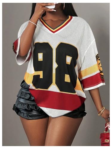 Women's Jersey Shirts Striped Color Block T Shirt Half Sleeve Drop Shoulder Oversized Tee Tops4