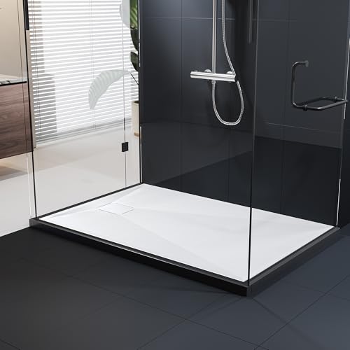 HOROW Shower Tray 120x80 cm White Acrylic Stone Effect Base Large Anti-Slip Rectangular Slimline Tray Warm-Touch Surface Rapid Drainage