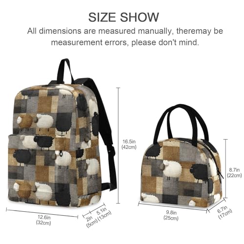 Checkered Sheep Print Backpack Set with Lunch Bag, Large Capacity Travel Backpacks and Lunch Box Insulated for Commute Hiking Picnic2