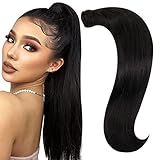 RUNATURE Ponytail Echthaar Extensions Schwarz Zopf Haarverlängerung Pferdeschwanz Echthaar Extensions Clip in Zopf Extensions Echthaar Zopf 30cm 12 Zoll #1B Aus Schwarz 70g