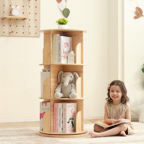 OOOK Solid Wood Rotating Bookshelf 360 Degree 3 Tier Childrens Revolving Bookcase Kids Bookshelf for Small Space Kids Room Study Nursery