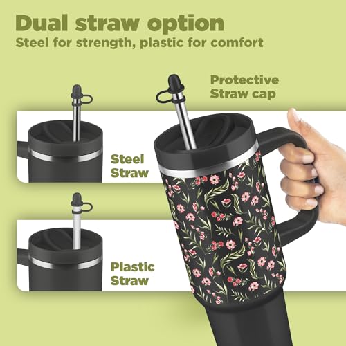 Image of MILTON Malmo 1200 Thermosteel Double Wall Vacuum Insulated Stainless Steel Tumbler with Handle 1100ml, Travel Mug with Straw,Silicon Cap,Cleaning Brush,Hot & Cold Beverage Flask,Floral Black