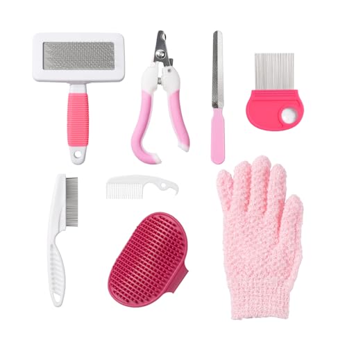 Pumwoy 8 Stück Kaninchen Pflege Set, mit Nagelknipser, Feile, Haustierkamm, Floh Kamm, Badhandschuh,Haustiermassage, Kaninchen Bürste für Kaninchen, Meerschweinchen,Welpen, Kätzchen, Hamster
