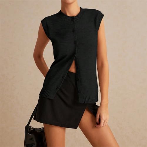 Image of Women Button Down Knit Sweater Vest Casual Loose Fit Crew Neck Sleeveless Button Front Knitted Sweater Cardigan
