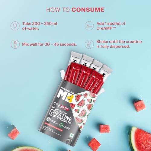Image of MuscleBlaze Micronised Creatine Monohydrate CreAMP Powder, 7 Sachets | Watermelon Kool Aid | Trustified Certified Creatine | Travel Pack