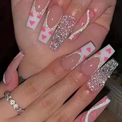 Hkanlre Press on Nails Long Coffin Fake Bling Nails Acrylic Full Cover Heart False Swirl Nails for Women and Girls 24PCS