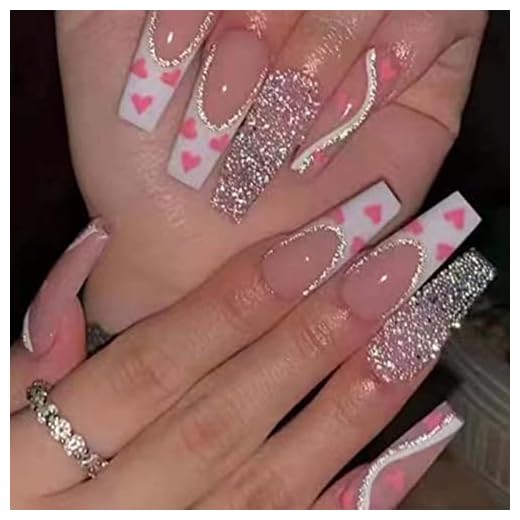Hkanlre Press on Nails Long Coffin Fake Bling Nails Acrylic Full Cover Heart False Swirl Nails for Women and Girls 24PCS
