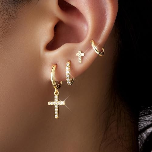 Image of Small Gold Huggie Hoop Earrings Set for Women Men Hypoallergenic 14K Plated Stack Cartilage Earrings, Sterling Silver Multiple Piercing Lightweight Mini Thin Cute Dainty Trendy Jewelry Gifts for Women