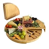 Picnic at Ascot Patented Bamboo Cheese/Charcuterie Board with Knives & Cheese Markers- Stores as a Compact Wedge- Opens to 13