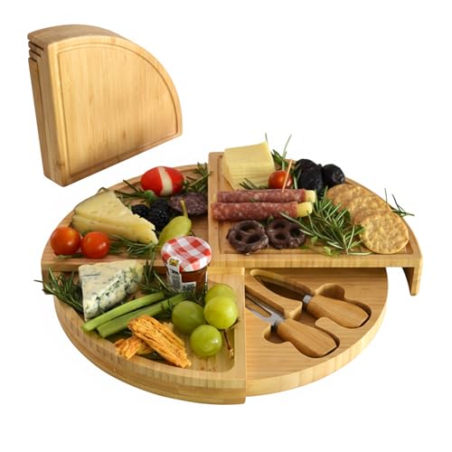 Picnic at Ascot Bamboo Board for Appetizers with Cheese Tools - Stores as a Space Saving Wedge - Opens to 13