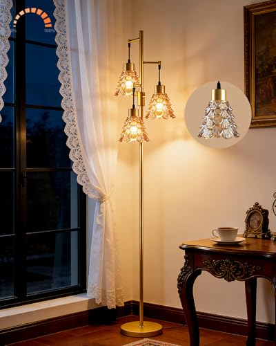 Image of 3-Light Modern Glass Floor Lamp, Gold Standing Tall Lamp with Amber Pinecone Glass Shade for Reading, Dimmable LED Floor Lamp with 5Lbs Heavy Base for Living Room Bedroom Home Decor, Bulb Included